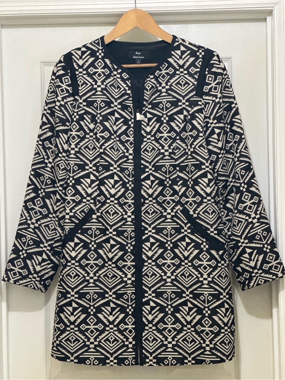 Dennis Basso Black and White Geometric Patterned Coat Jacket